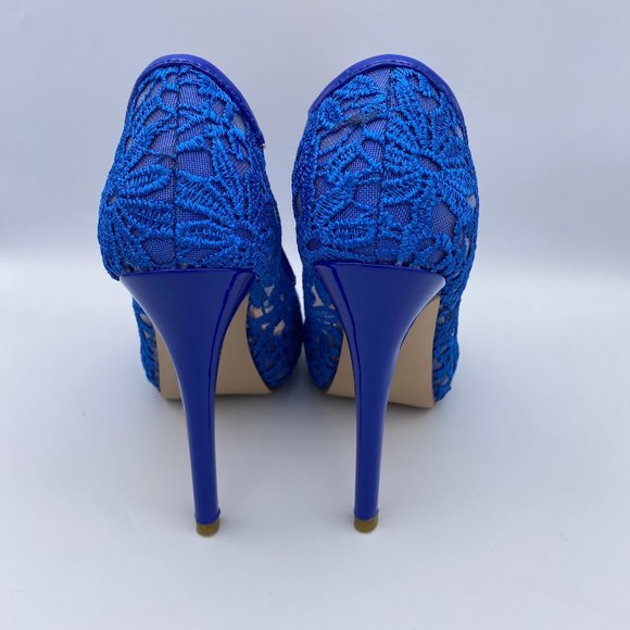 FSJ Blue Lace Satin Peep Toe Bridal Heels Platform - Picture 6 of 9